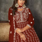 Jyoti Fashion Women's Maroon Net Embroidered Anarkali Kurta Pant Set With Dupatta | Swadesiicart