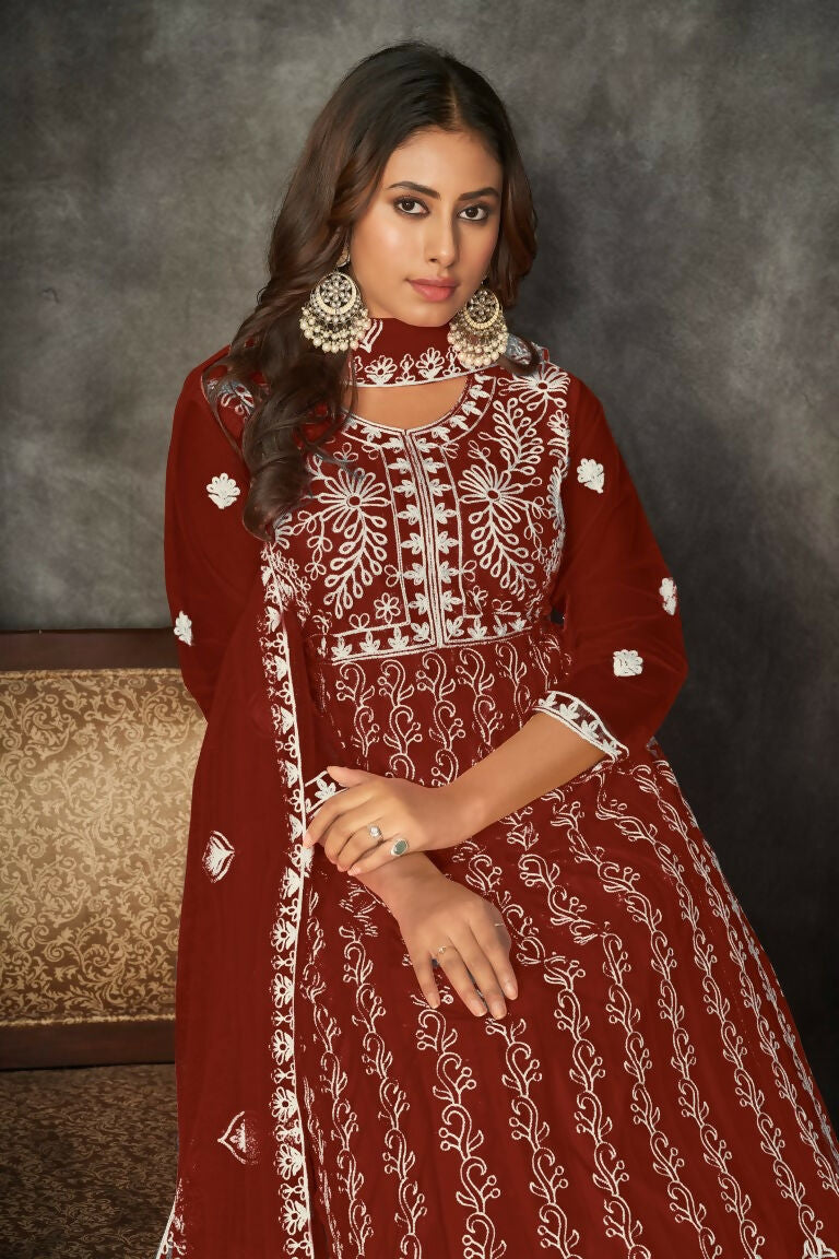Jyoti Fashion Women's Maroon Net Embroidered Anarkali Kurta Pant Set With Dupatta | Swadesiicart