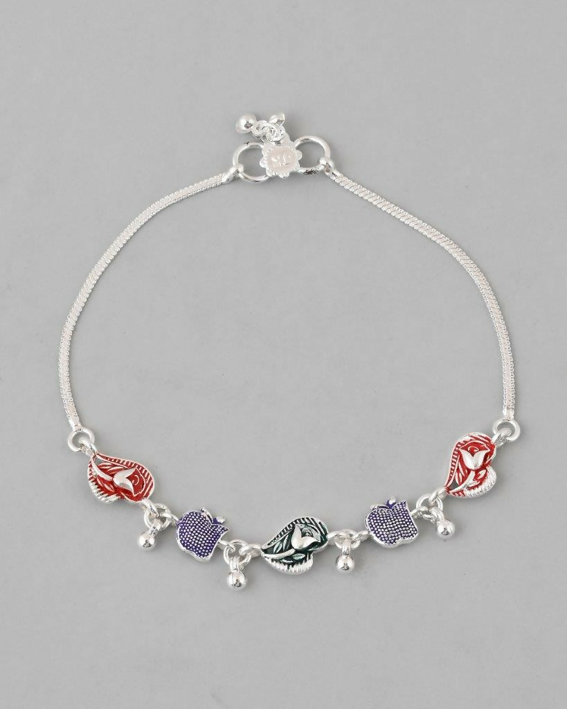 VOJ Set of 2 Silver Plated Designer Multi Color Anklet - Swadesiicart