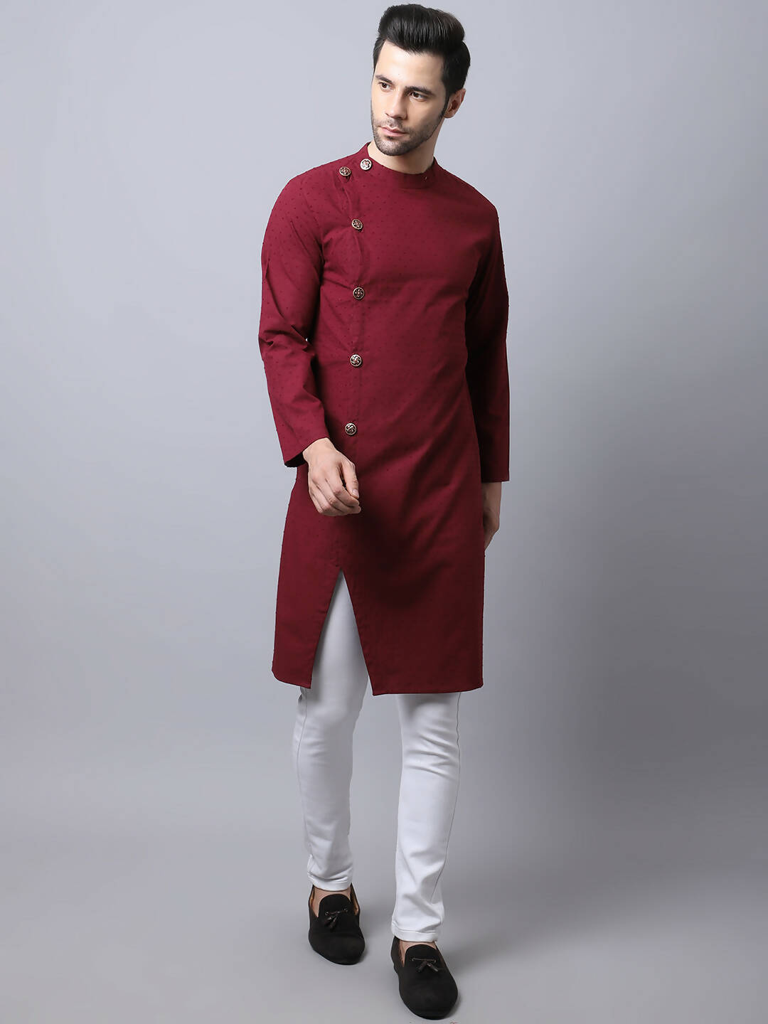 Even Apparels Maroon Pure Cotton Sherwani Men's Kurta With Asymetrical Cut | Swadesiicart