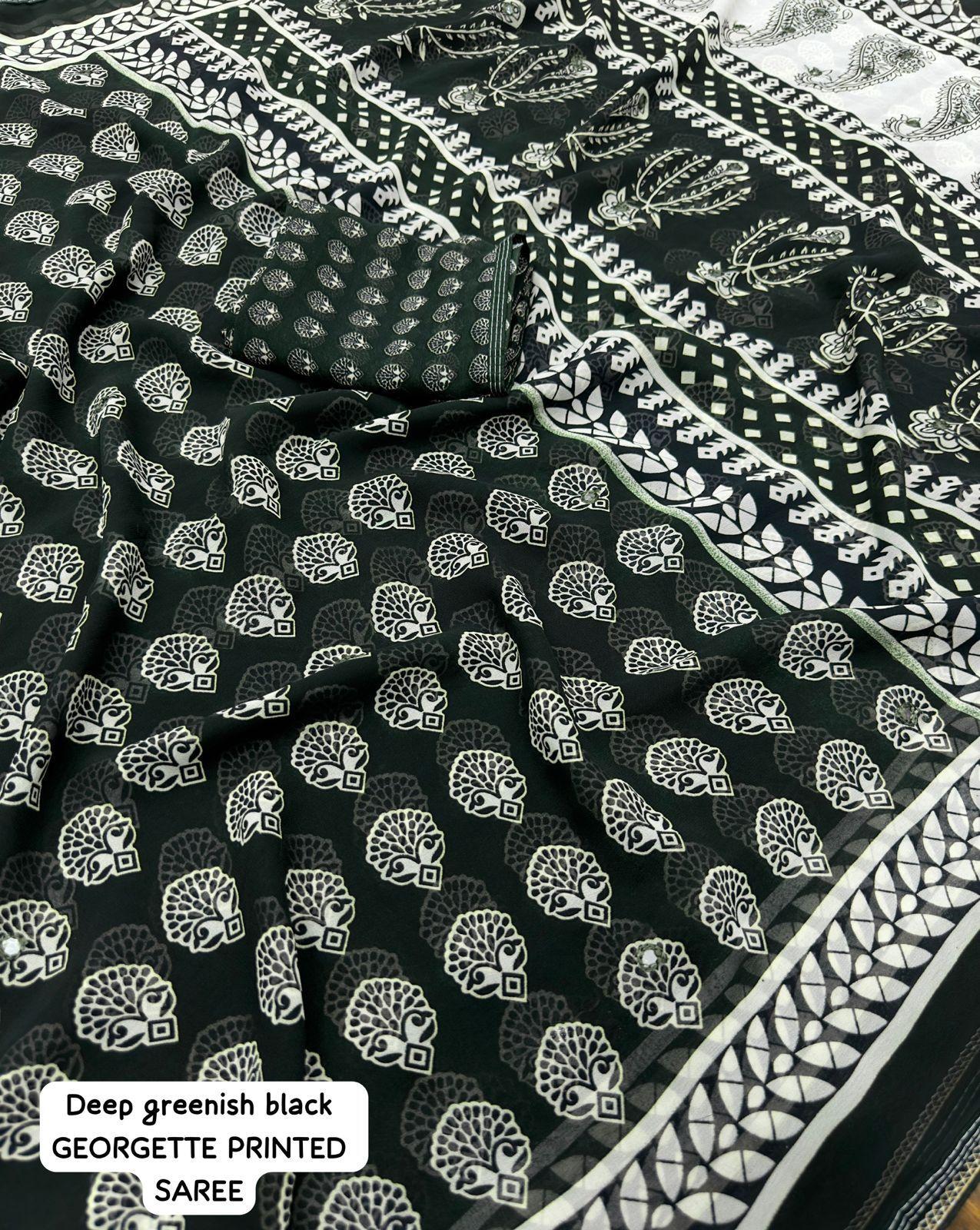 Black Poly Georgette Ajrak Saree with Unstitched Blouse - Hiral Fashion | Swadesiicart
