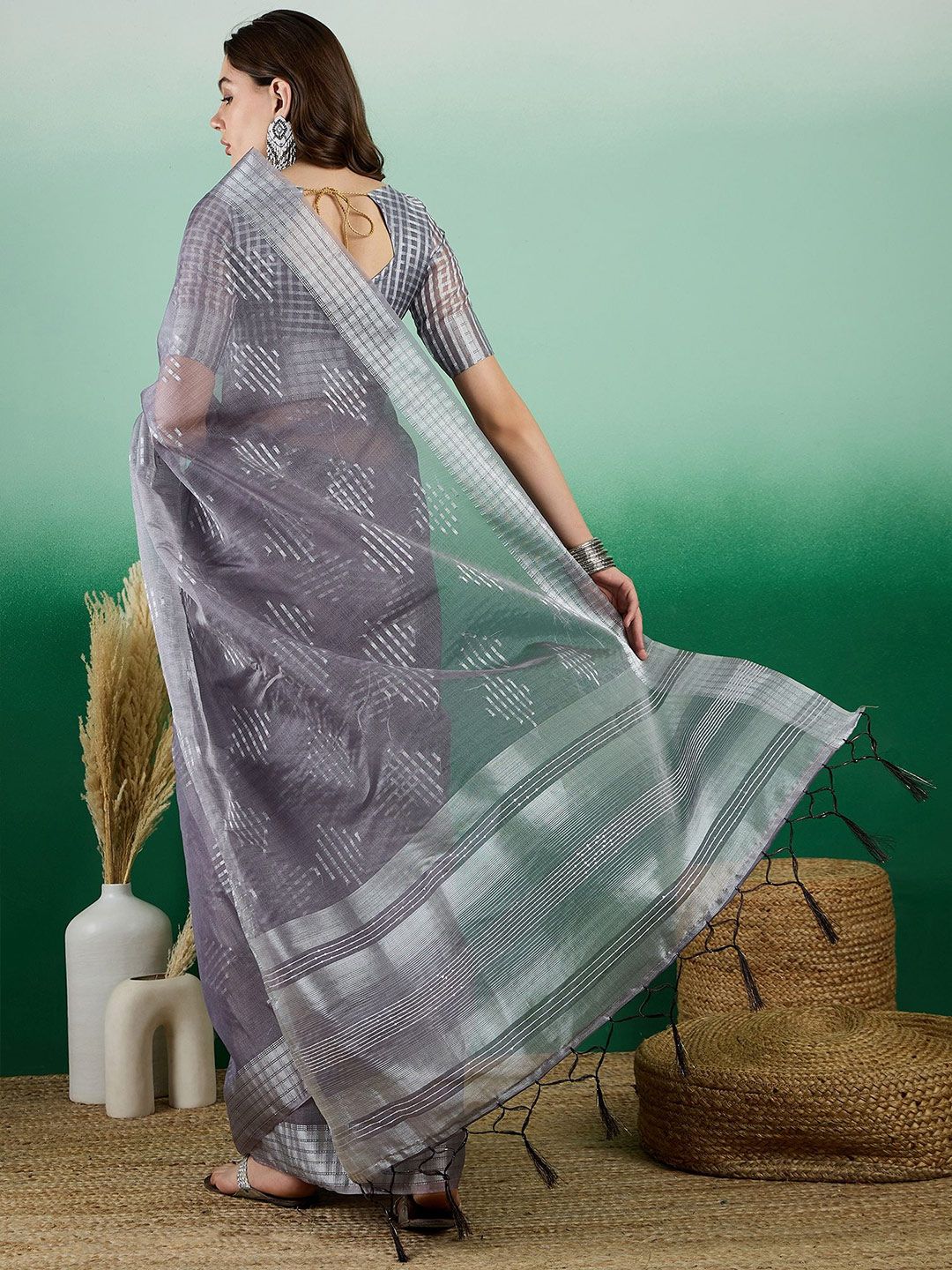 Mitera Striped Zari Organza Banarasi Saree | Swadesiicart