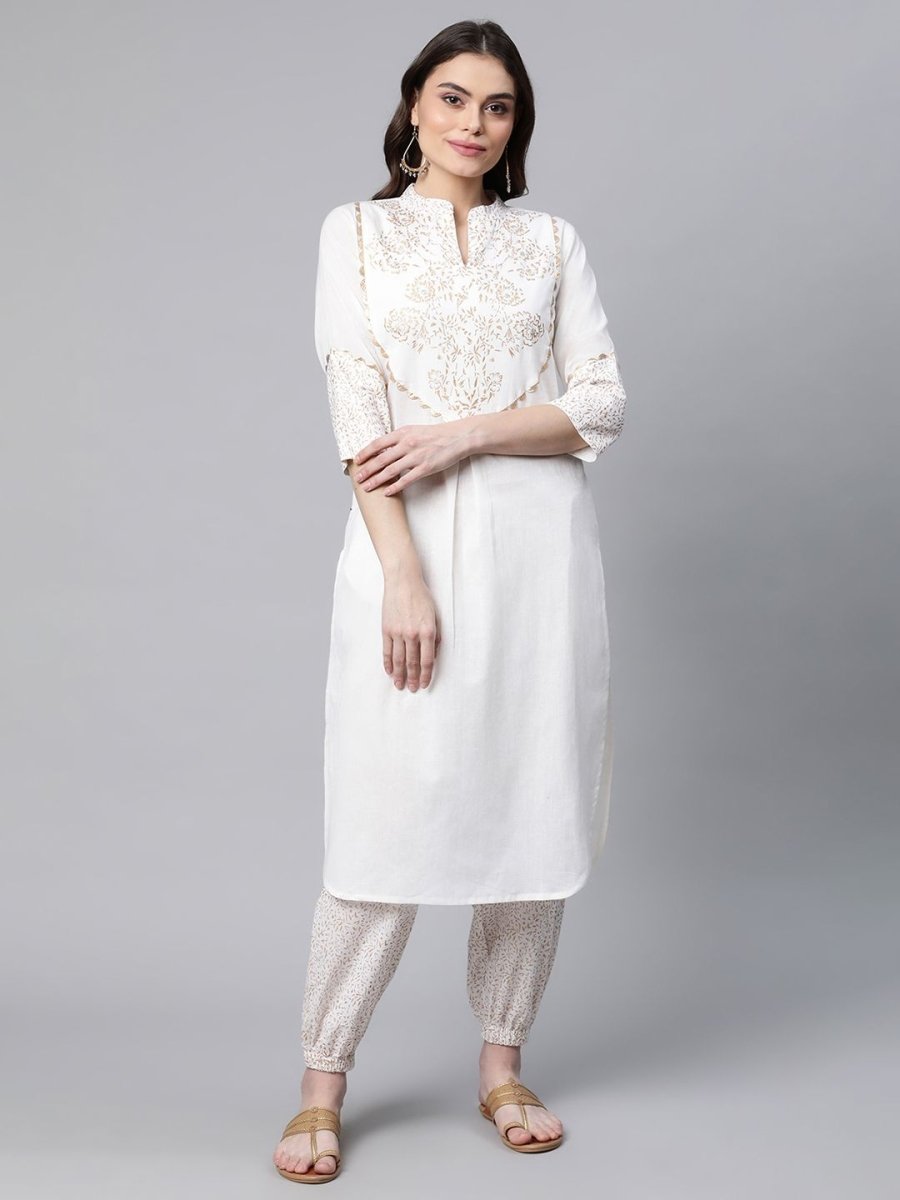 Ahalyaa Women Offwhite Pure Cotton Printed Kurta With Trousers | Swadesiicart