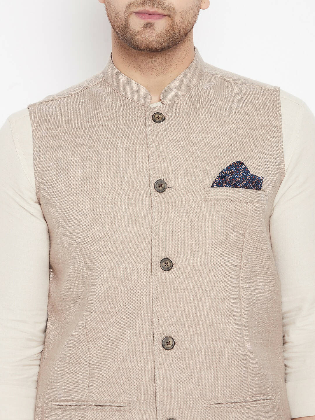 Even Apparels Cream Linen Men's Nehru Jacket-Contrast Lining-Inbuilt Pocket Square | Swadesiicart