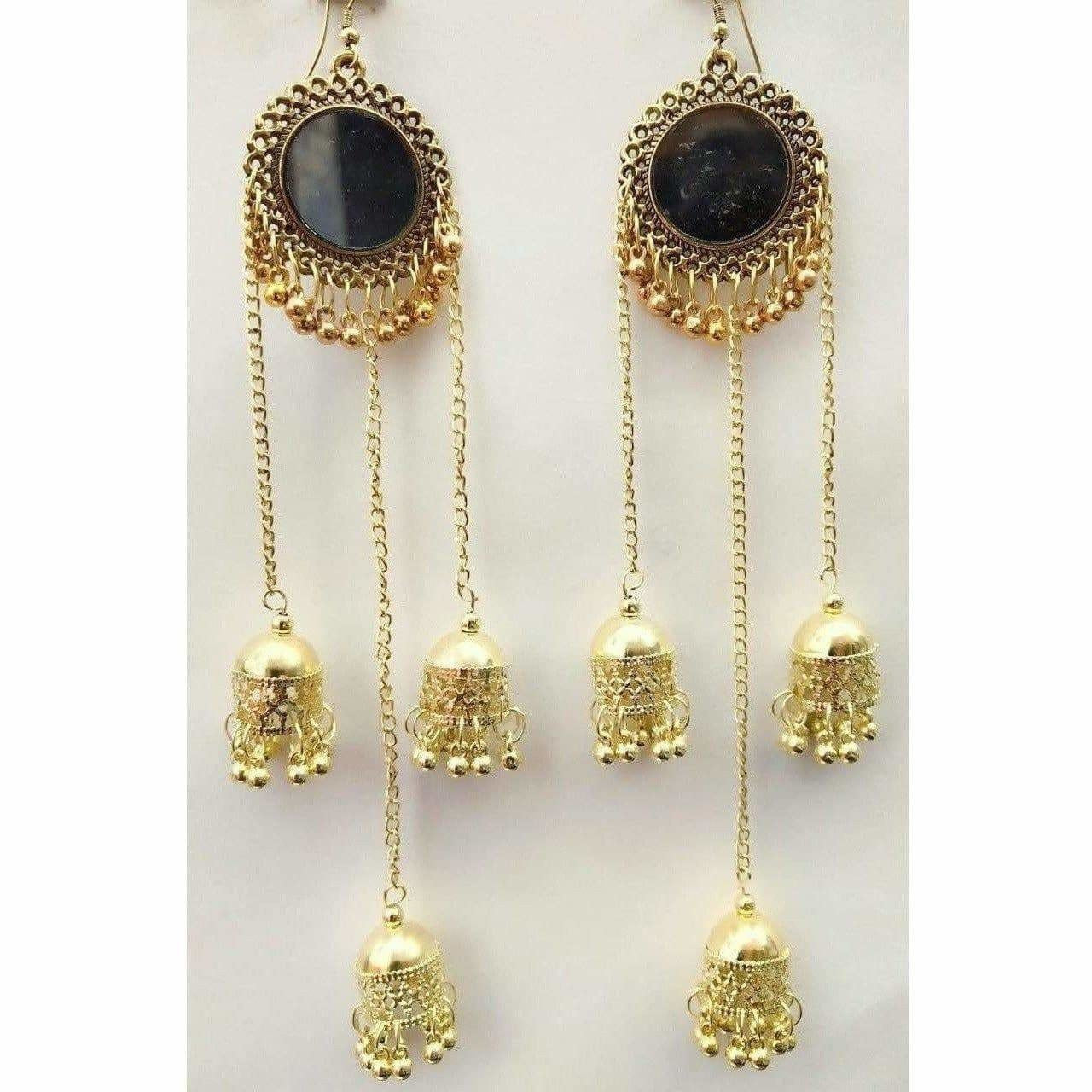 MS Fashion India Gold-Polished Oxidized Mirror Long Hanging Jhumkas Earrings | Swadesiicart