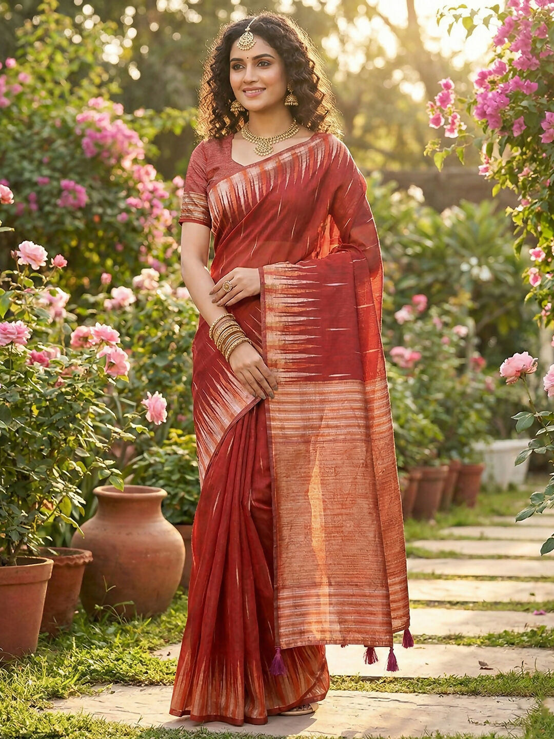 Shree Shyam Fashion Red Linen Cotton Saree
