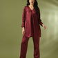 Myshka Women's Maroon Solid Satin V-Neck Party Tunic With Trousers Co-ord set - Swadesiicart