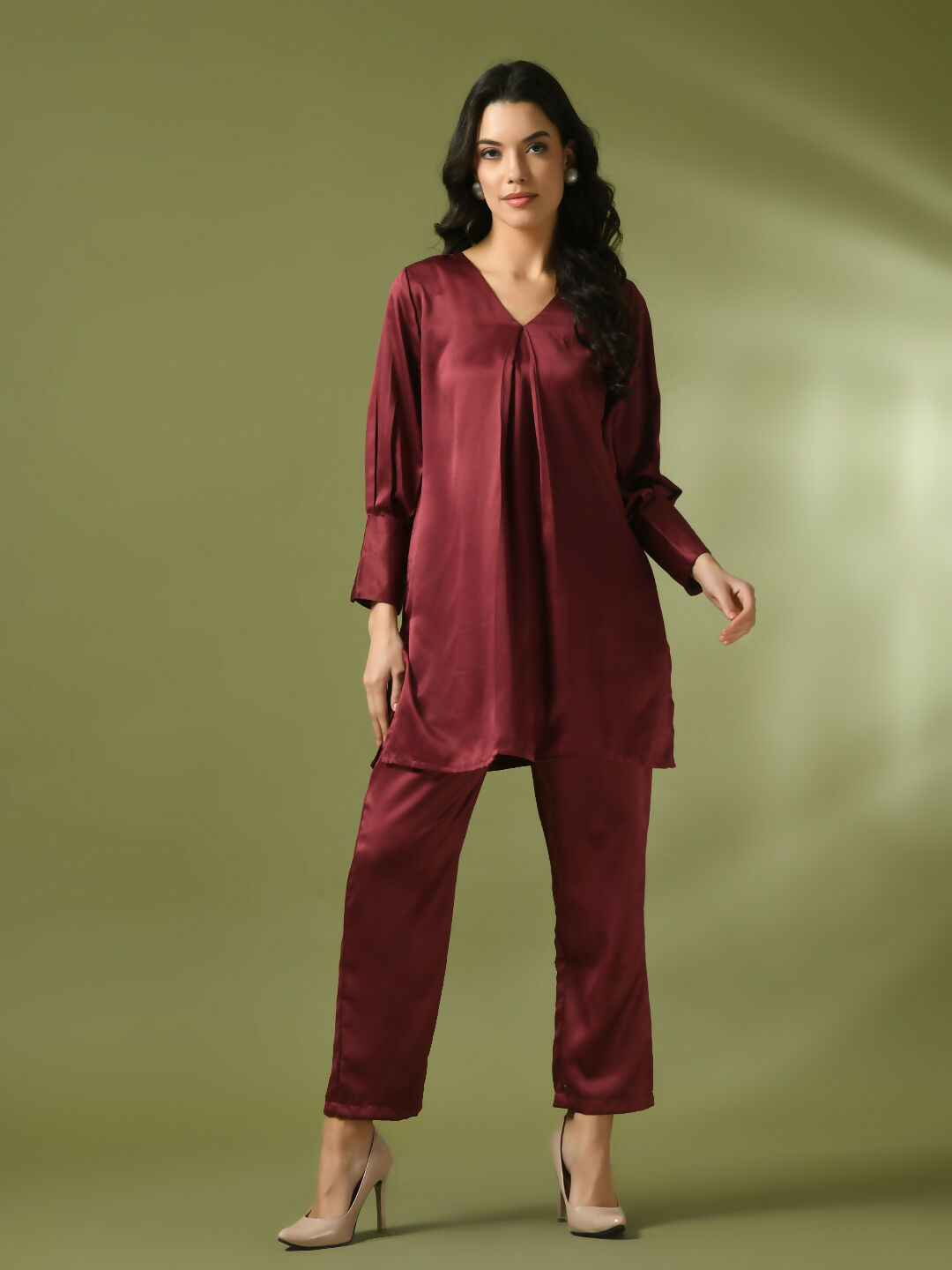 Myshka Women's Maroon Solid Satin V-Neck Party Tunic With Trousers Co-ord set - Swadesiicart