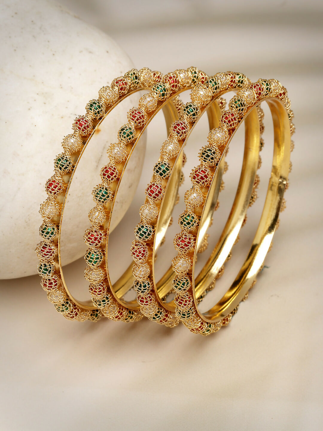 NVR Women's Set of 4 Gold-Polished Beads Handcrafted Traditional Bangles - Swadesiicart