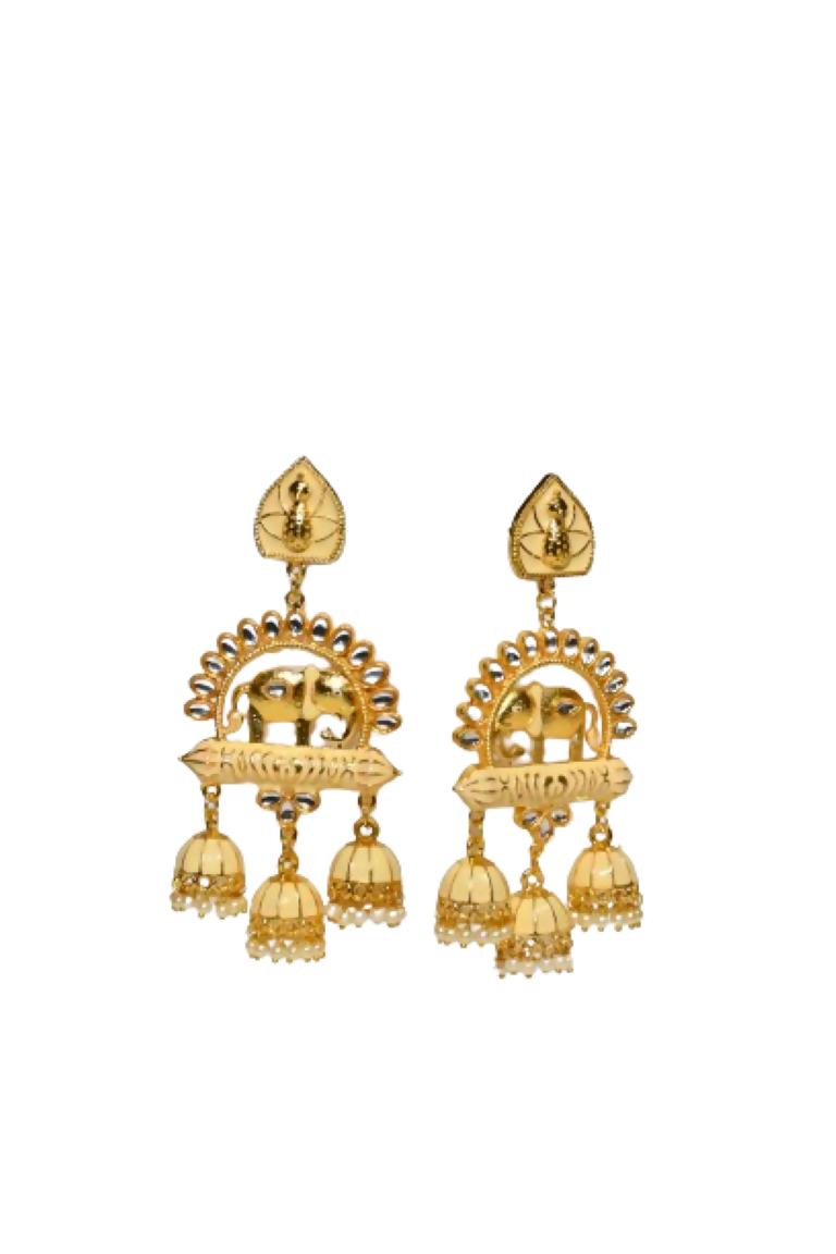 Beige Traditional Gold-Polished Elephant Design Kundan Jhumka Jhumki Earrings Indian Jewellery For Women & Girls By House of Ree - Swadesiicart