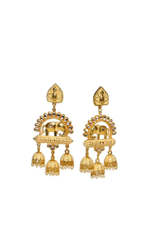 Beige Traditional Gold-Polished Elephant Design Kundan Jhumka Jhumki Earrings Indian Jewellery For Women & Girls By House of Ree - Swadesiicart