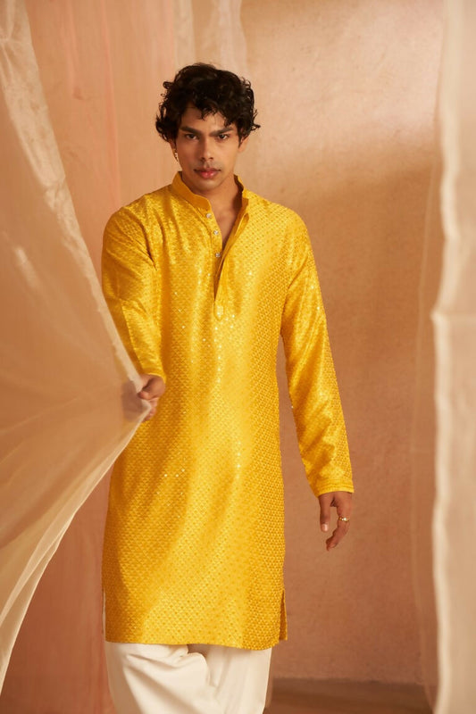 Yellow Viscose Chikankari Embroidery Work Men's Traditional Kurta Set - Mahotsav | Swadesiicart