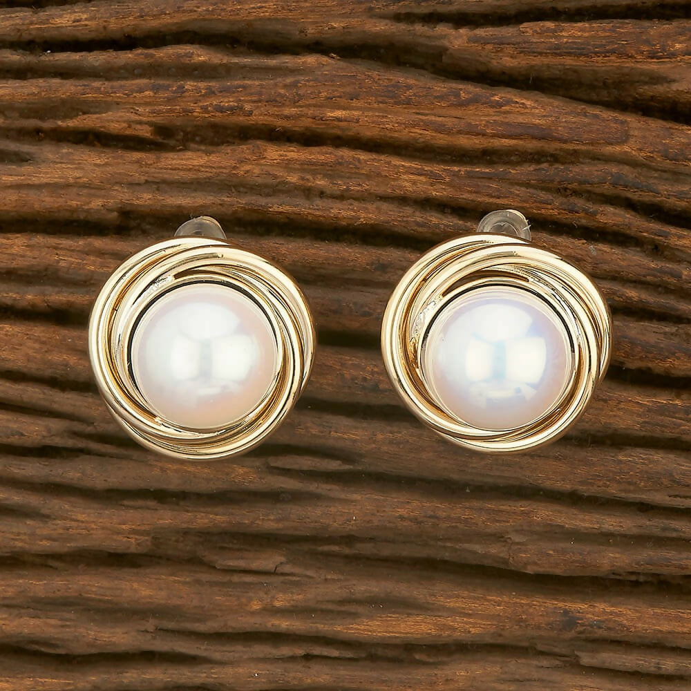 Joban Fashion Women Brass Golden White Ad Earrings - Swadesiicart