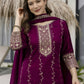 The52 Wine Beautiful Embroidered Vichitra Silk Fabric Straight Kurta, Palazzo and Dupatta Set - Swadesiicart