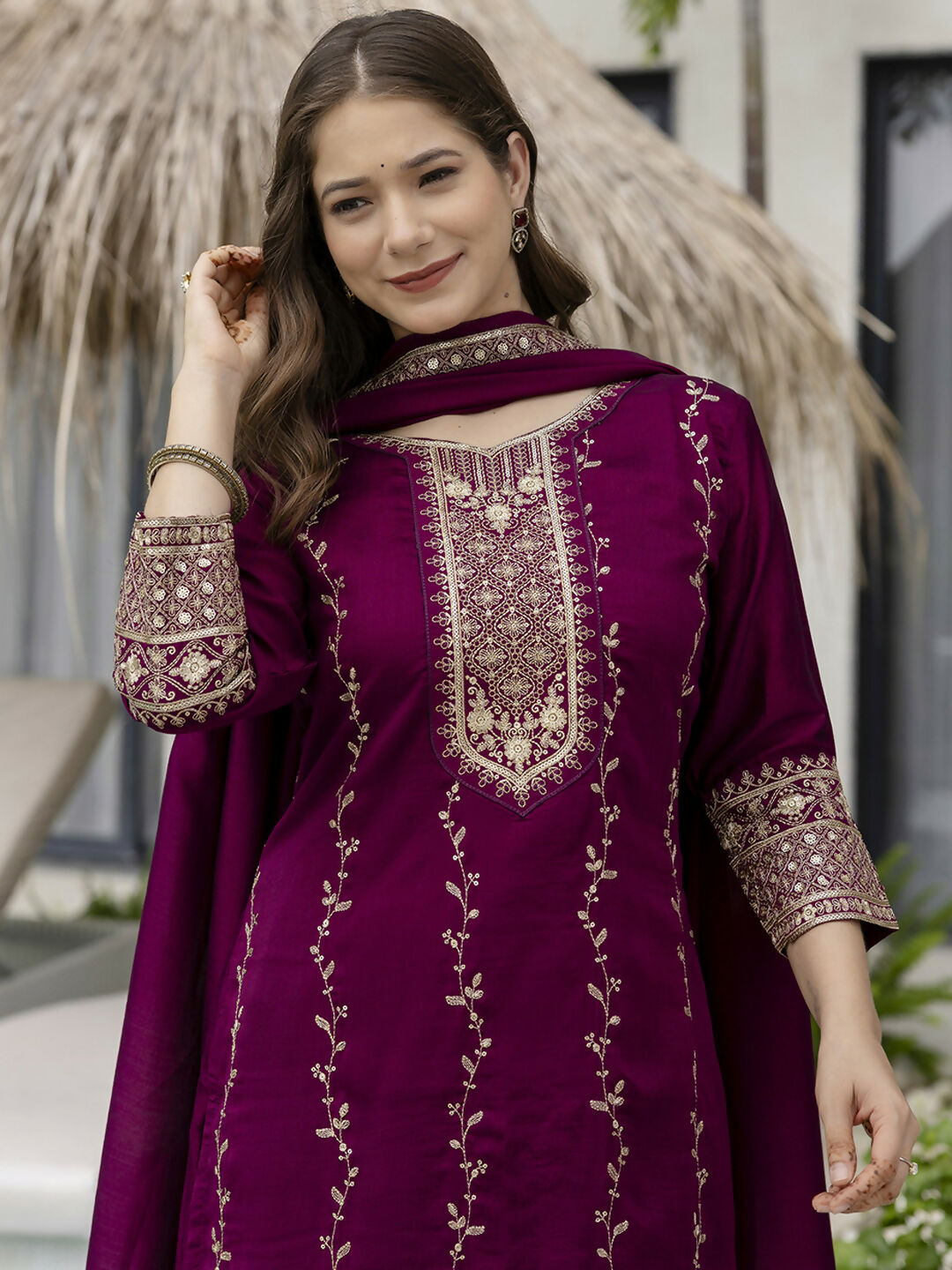 The52 Wine Beautiful Embroidered Vichitra Silk Fabric Straight Kurta, Palazzo and Dupatta Set - Swadesiicart