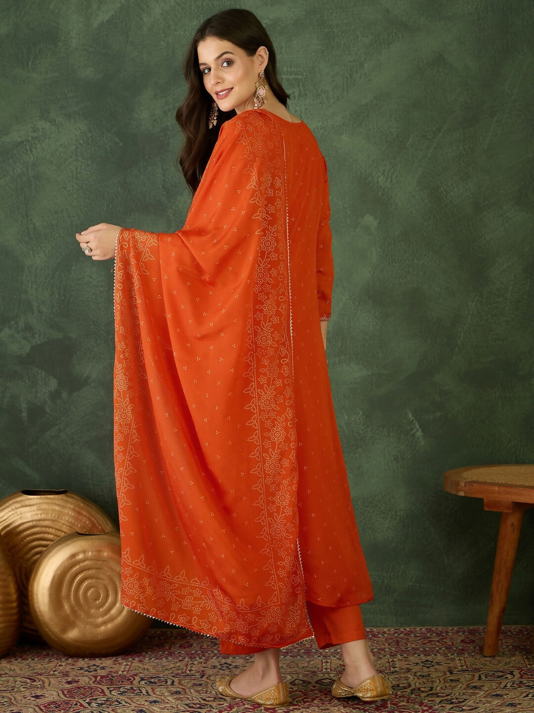 The52 Orange Women's Gorgeous Embroidered Chinon Fabric Flared Kurta Pant and Dupatta Set - Swadesiicart