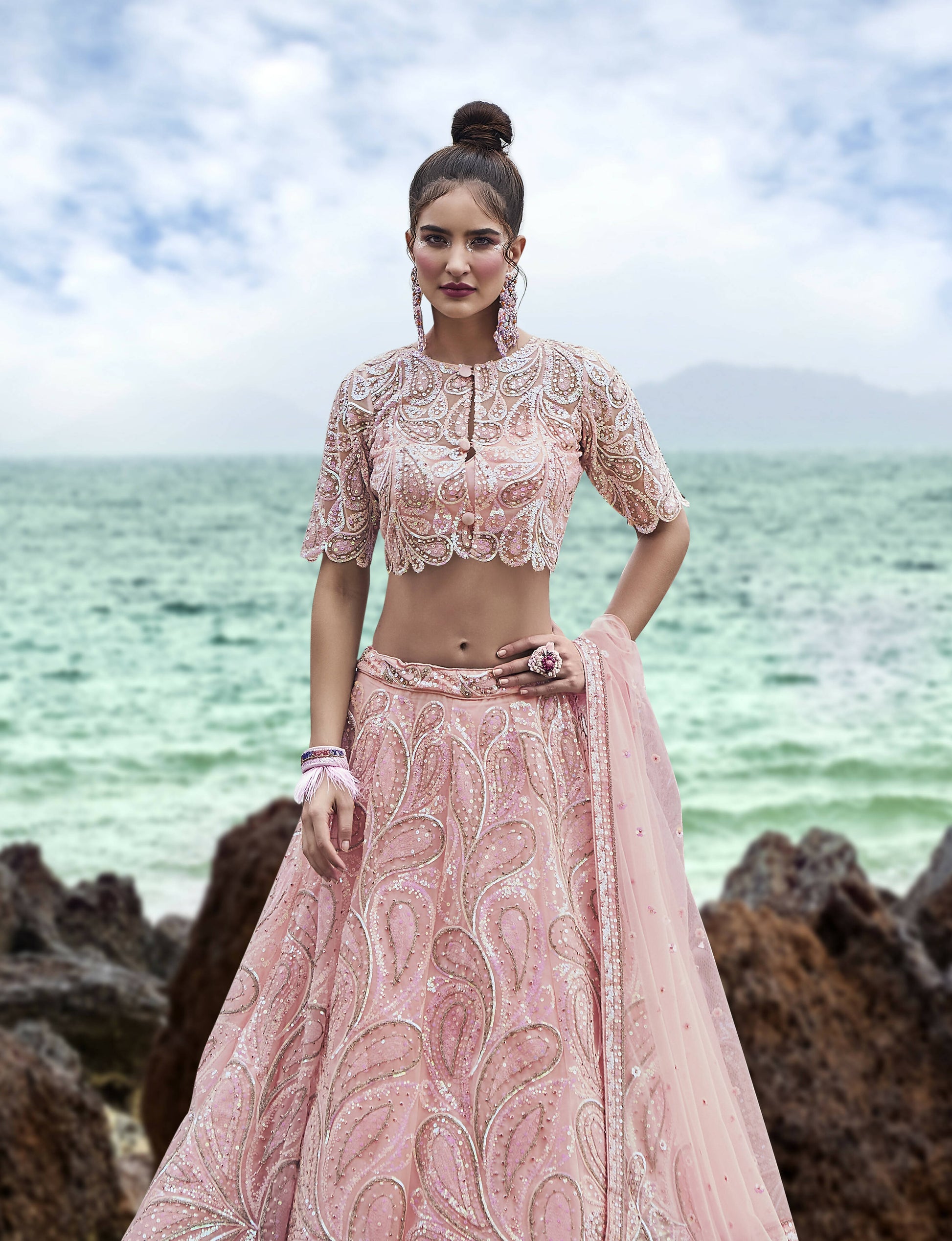 House of Panchhi Coral Net Multi Sequins with heavy Zarkan embroidery Lehenga choli & Dupatta | Swadesiicart