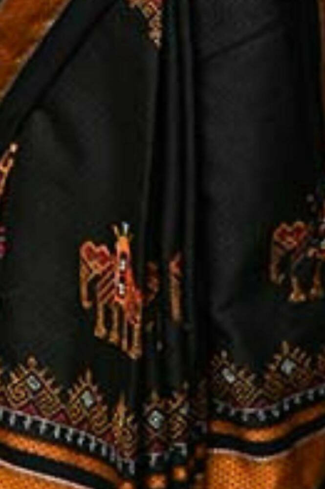 Very Much Indian Khun Saree Cotton Resham Handwoven Chrome Yellow & Black | Swadesiicart
