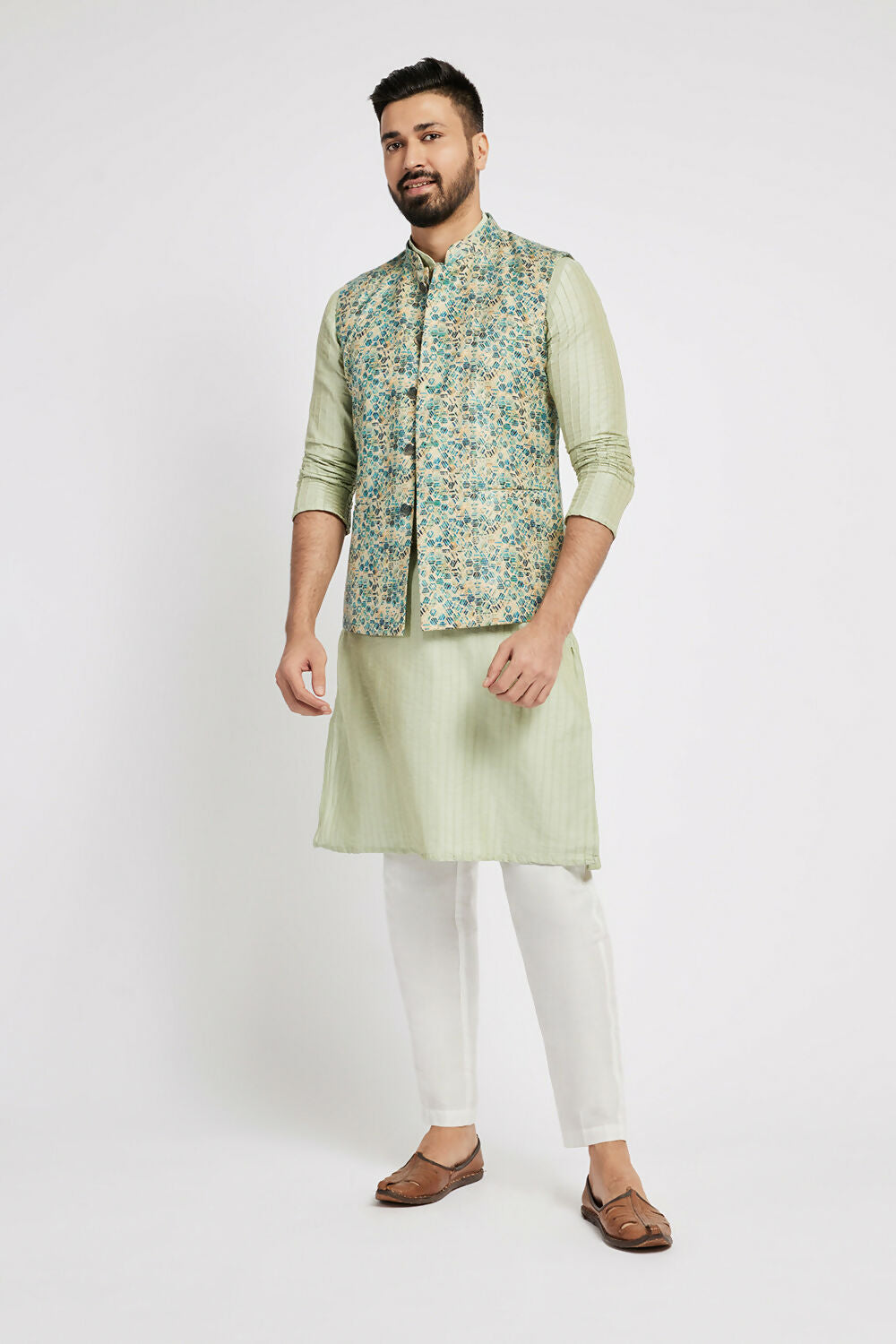 Ethnic India Blue Bundi Men's Jacket Geometric Polyester | Swadesiicart