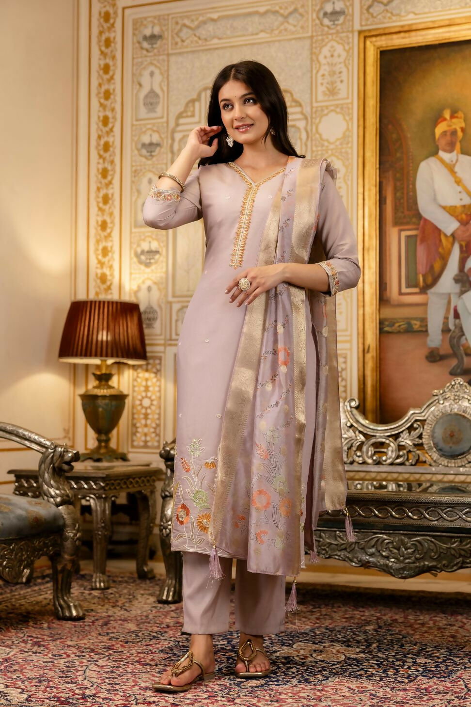 The52 Lavender Women's Beautiful Viscose Shimmer Fabric Embroidered Work Straight Kurta Pant and Dupatta Set - Swadesiicart