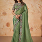 Green Banarasi Crush Silk Thread, Sequence, Cord Embroidered with Stone & Mirror Work Saree - Mohmanthan Dakshika | Swadesiicart