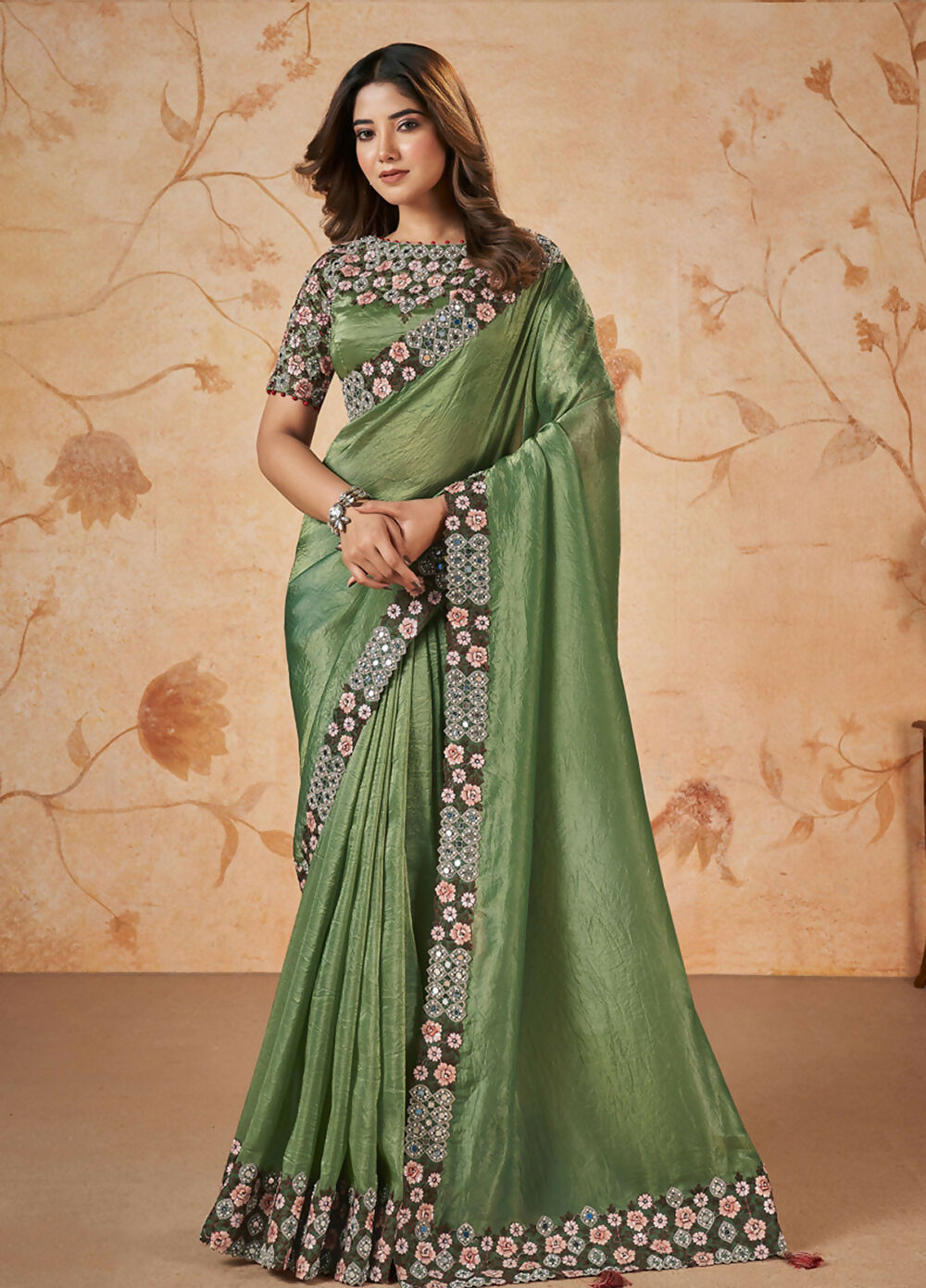 Green Banarasi Crush Silk Thread, Sequence, Cord Embroidered with Stone & Mirror Work Saree - Mohmanthan Dakshika | Swadesiicart