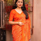 Orange Silk Blend Ajrak Saree with Unstitched Blouse - Hiral Fashion | Swadesiicart