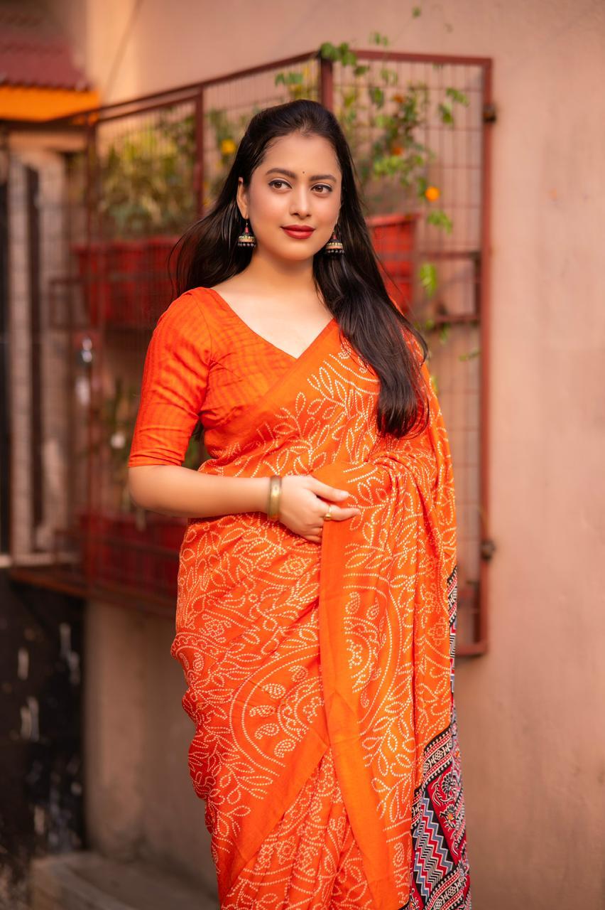 Orange Silk Blend Ajrak Saree with Unstitched Blouse - Hiral Fashion | Swadesiicart
