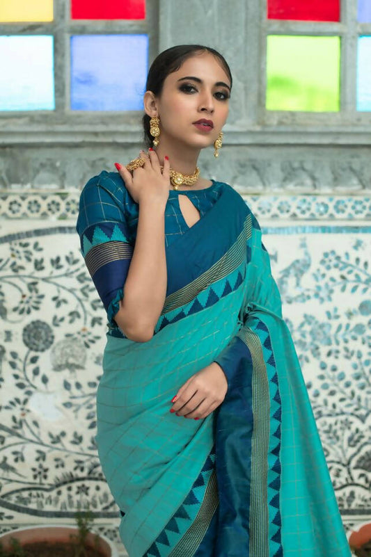 Vishnu Weaves Women's Teal Raw Silk Checks Zari Woven Saree with Unstitched Blouse - Swadesiicart