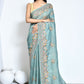 Blue Net Organza Silk Thread Emboidered with Stone Work Saree - Nimaya Benzy