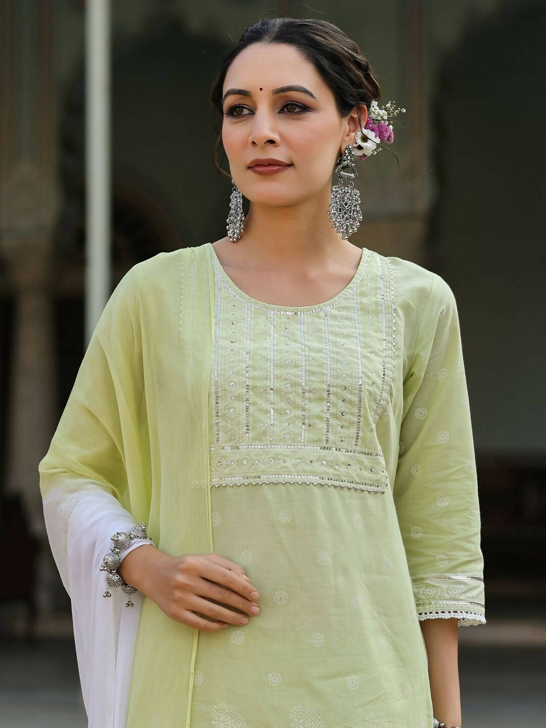 Juniper Women's Lime Green Cambric Floral Print Kurta Sharara Sets | Swadesiicart