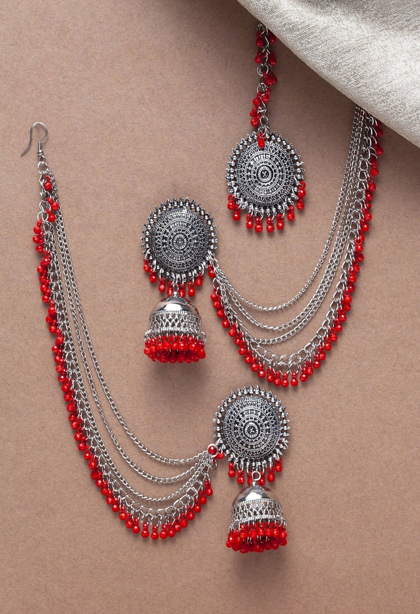 Mominos Fashion Johar Kamal Bahubali Red Beads Earrings With Tikka - Swadesiicart