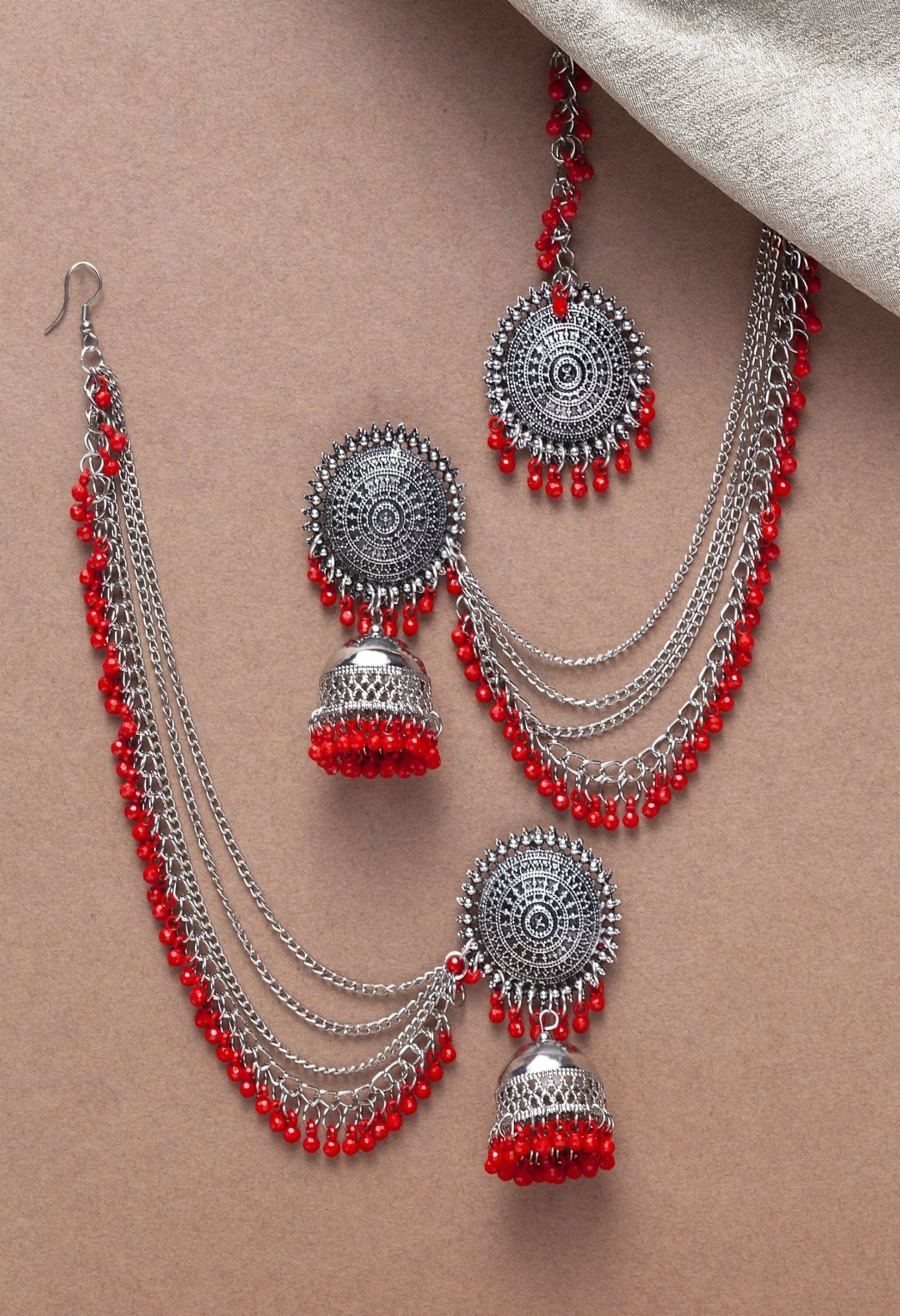 Mominos Fashion Johar Kamal Bahubali Red Beads Earrings With Tikka - Swadesiicart