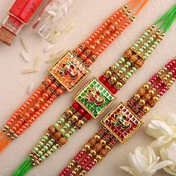 Set of 3 Meenakari Rakhi and Kaju Katli Box | Swadesiicart