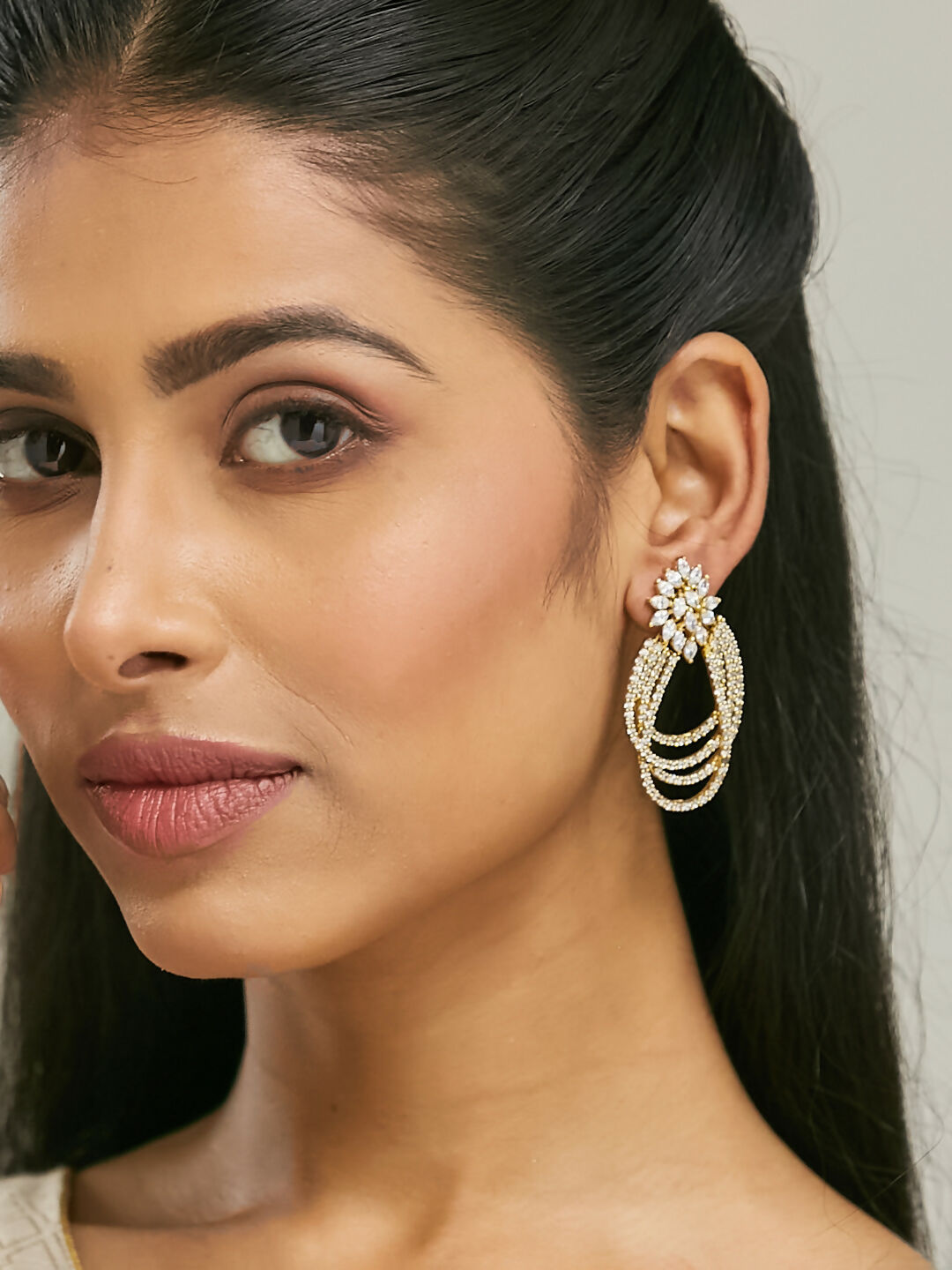 Nuyug 22K Gold-Plated Floral Motif Zircon Stone Studded Teardrop Shaped Elegant Drop Dangler Earrings | Swadesiicart