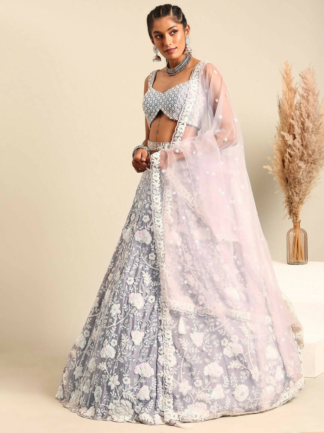 House of Panchhi Mauve Chinon Sequins and Zarkan embroidery Lehenga choli & Dupatta | Swadesiicart