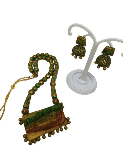 Terracotta Green and Gold Kerala Style Rowing Boat Pendant Long Necklace Set with Temple Earrings | Swadesiicart