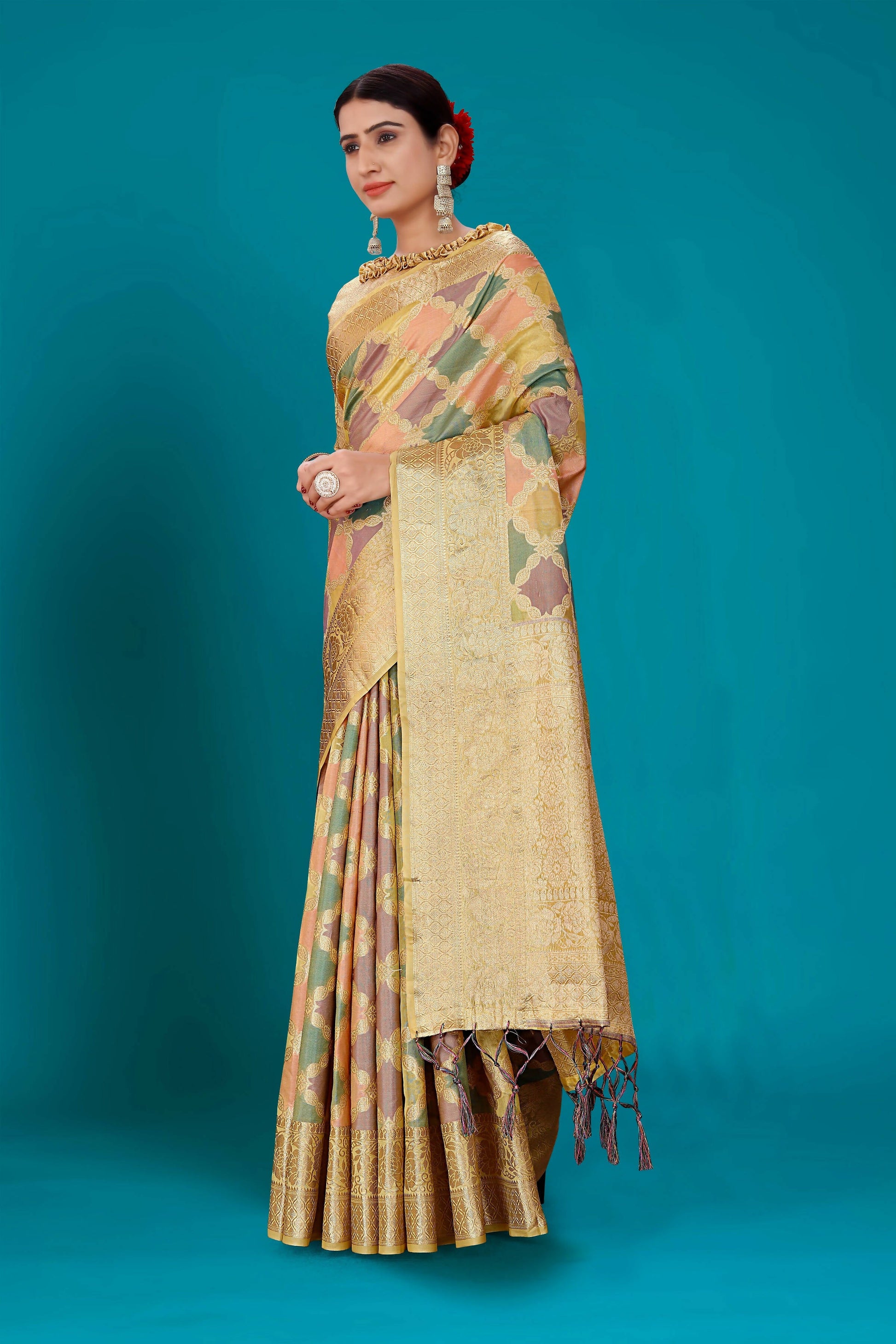 Beige Soft Organza Woven Design Saree with Unstitched Blouse Piece - Zaara