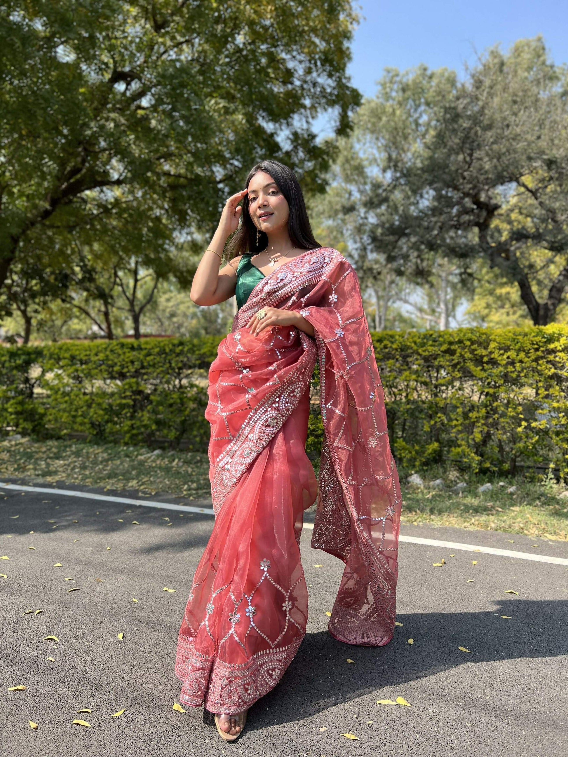 Vamsee Naina Maroon Organza Saree - Swadesiicart