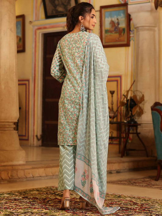 Juniper Women's Seagreen Cambric Floral Printed Kurta Palazzo Set | Swadesiicart