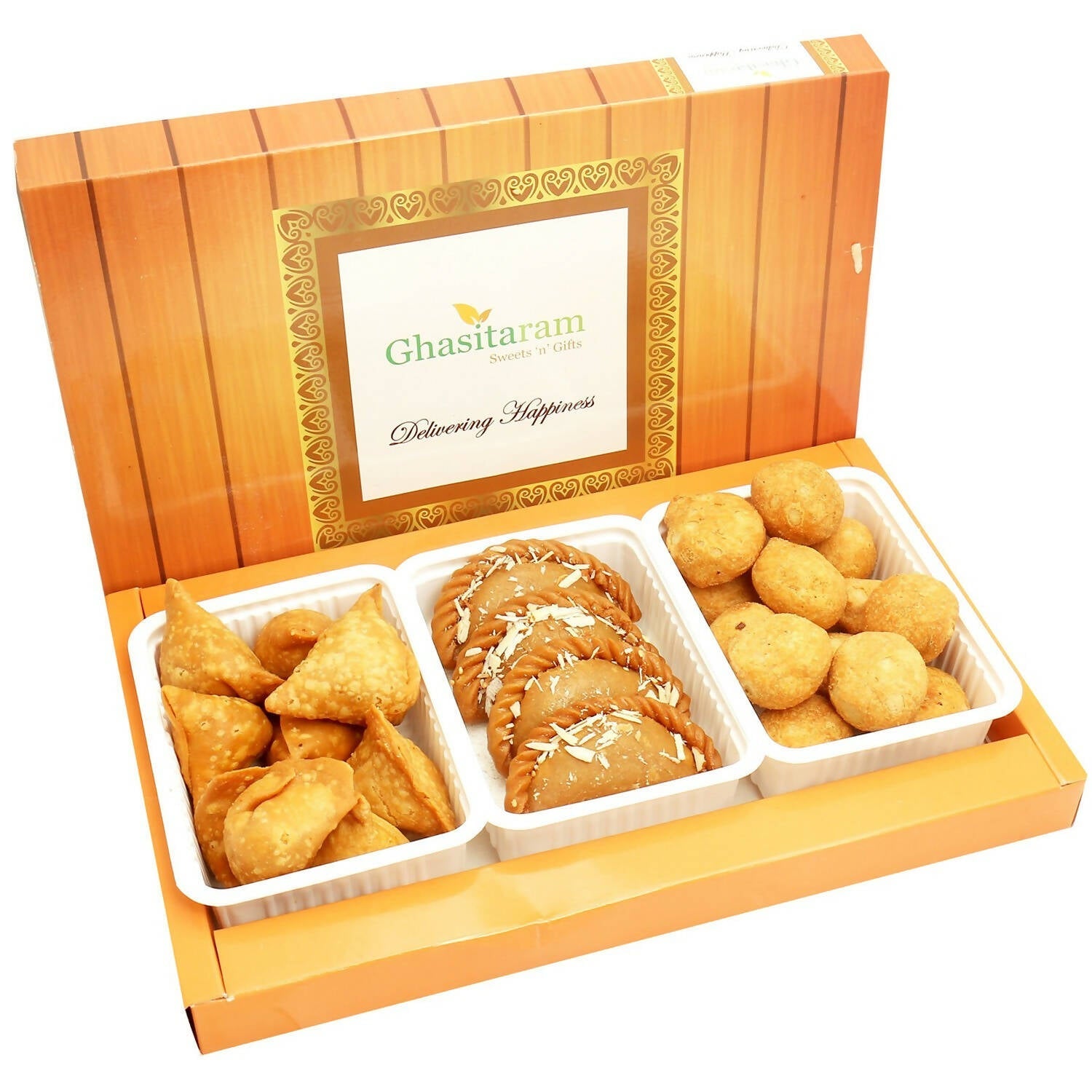 Ghasitaram Holi Hampers: Gujiya, Farsan Samosa and Farsan Kachori Hamper | Swadesiicart