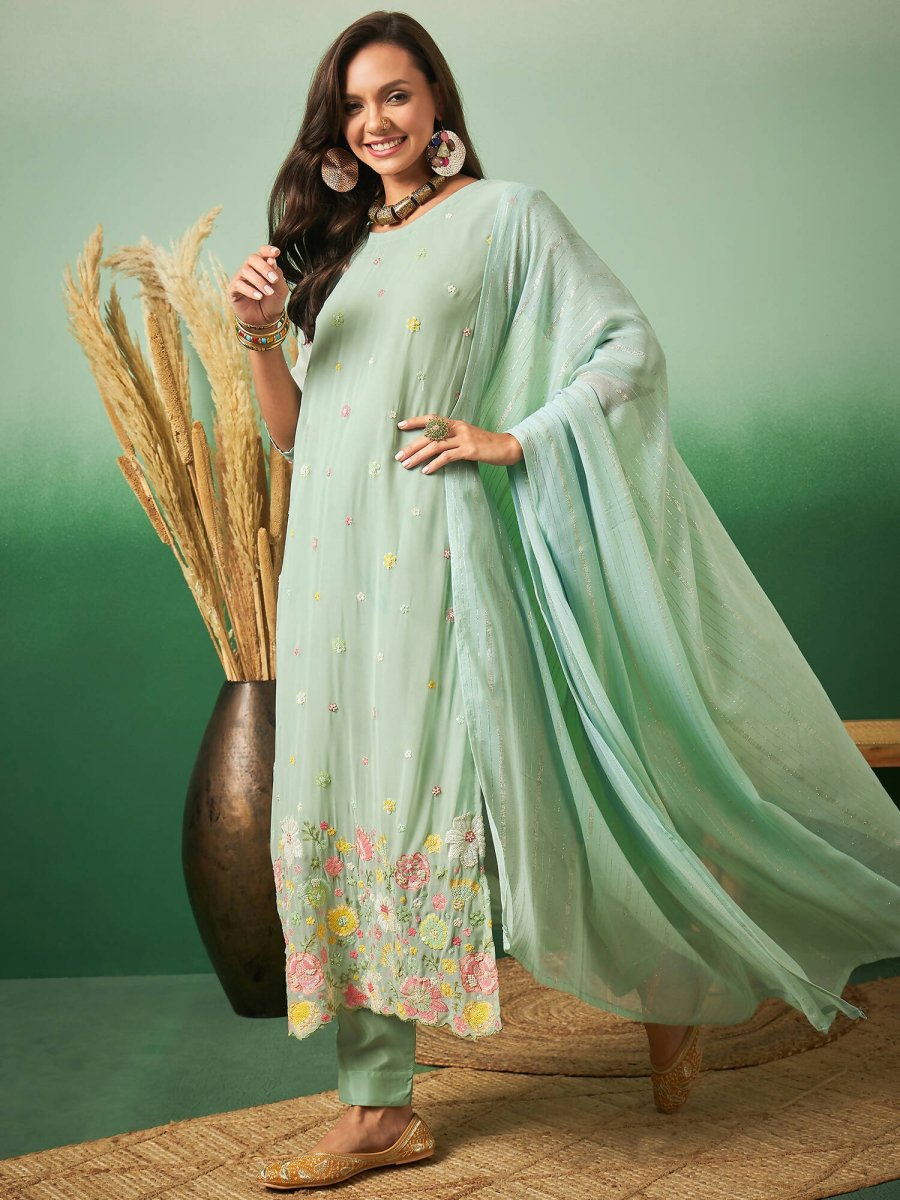 Aqua Blue Georgette Handwork Unstitched Dress Material - Hanika | Swadesiicart