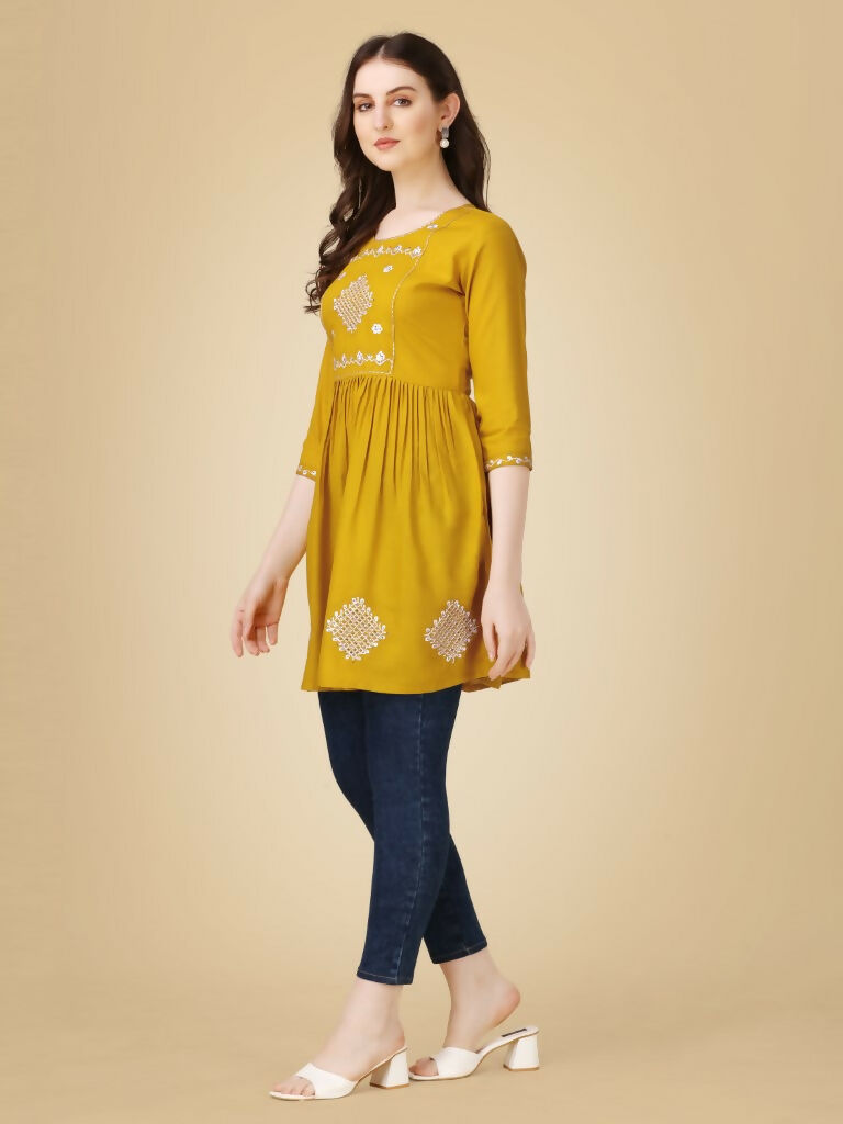 Jyoti Fashion Women's Mustard Viscose Rayon Embroidered Casual Top | Swadesiicart
