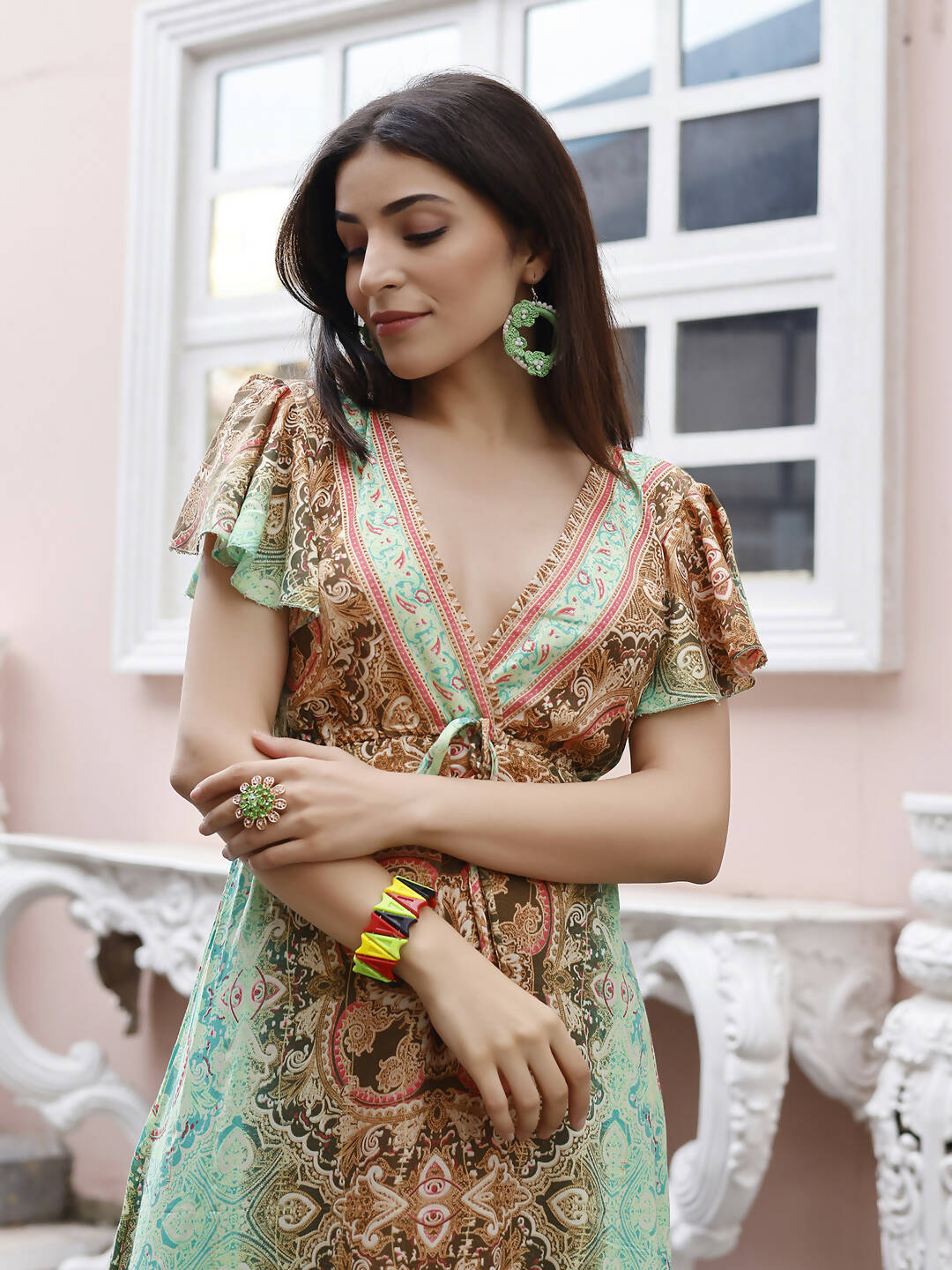 Sea Green Rayon Foil Printed Long Dress - Michan | Swadesiicart
