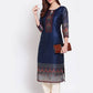 Myshka Women's Navy Blue Printed Chanderi Silk 3/4 Sleeve Round Neck Casual Kurta