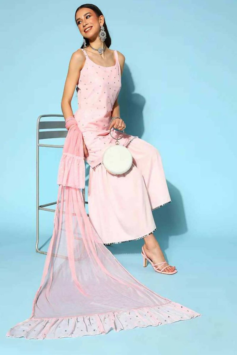 Ahalyaa Women Pink Colour Crepe Silver Foil Printed Kurta Sharara Set | Swadesiicart