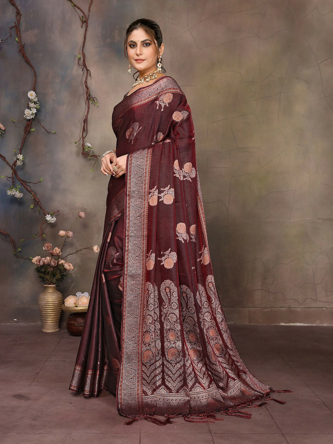 Joban Fashion Wine Woven Jacquard Banarasi Silk Sarees | Swadesiicart