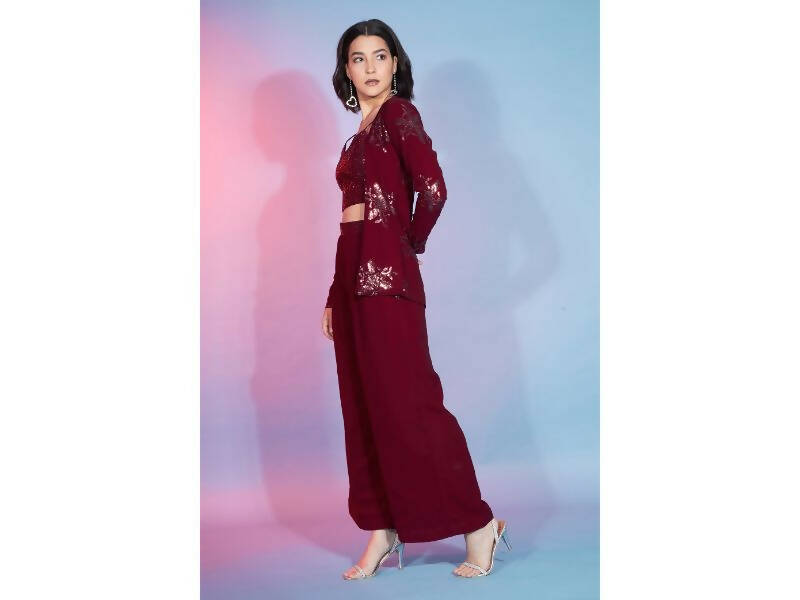 Red Georgette Sequence With Thread Designer Co-Ord Set - Flory - Swadesiicart