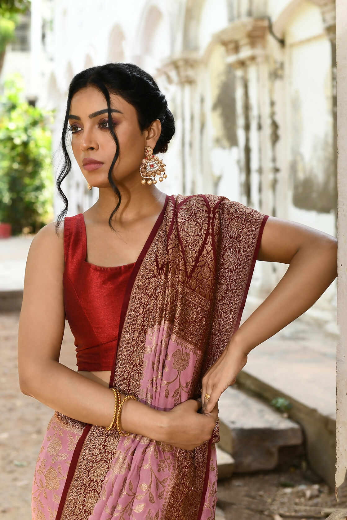 Joban Fashion Nude Pink Crepe Chiffon Pure Handloom Banarasi Silk Saree | Swadesiicart