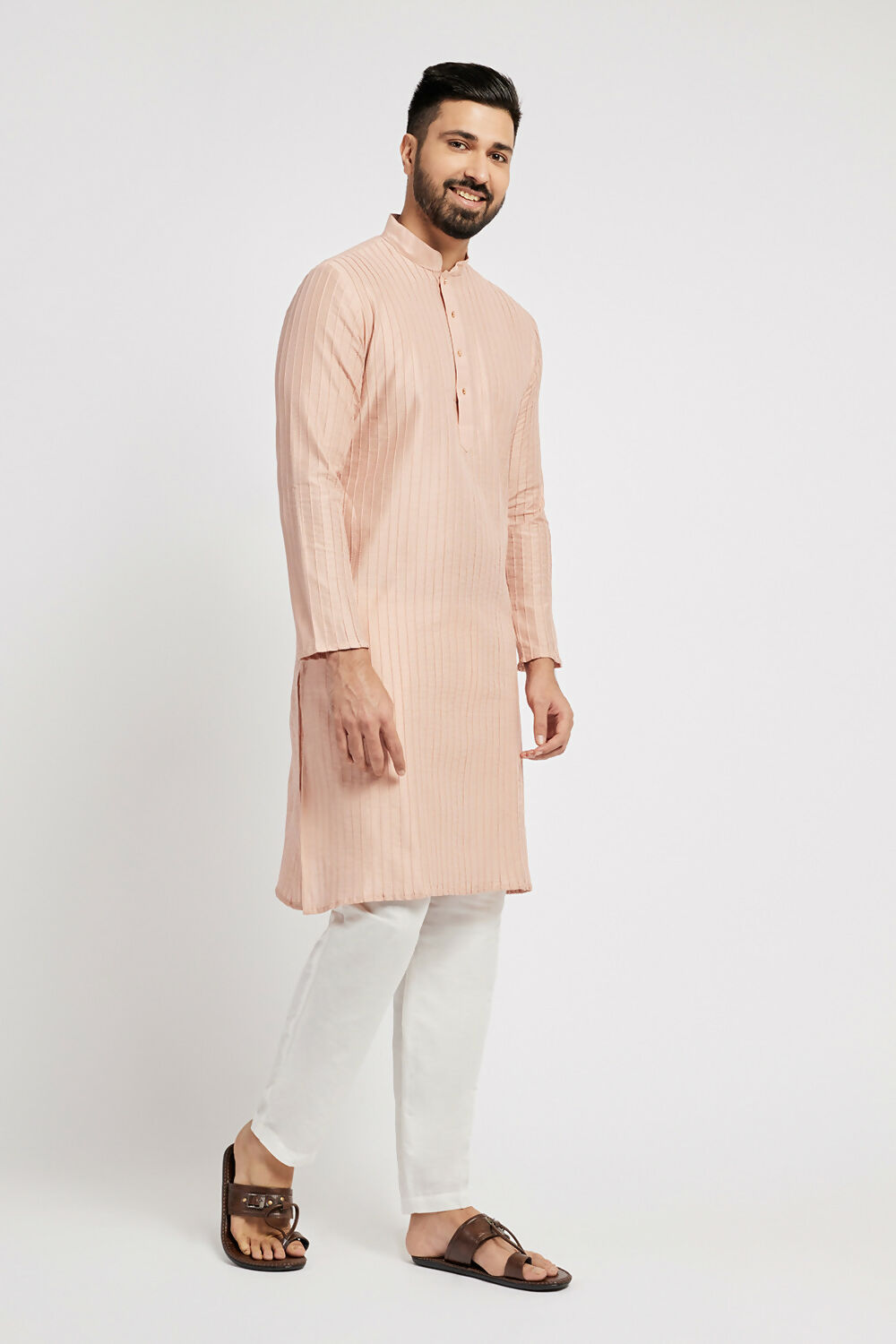 Ethnic India Pink Men's Kurta Striped Polyester | Swadesiicart